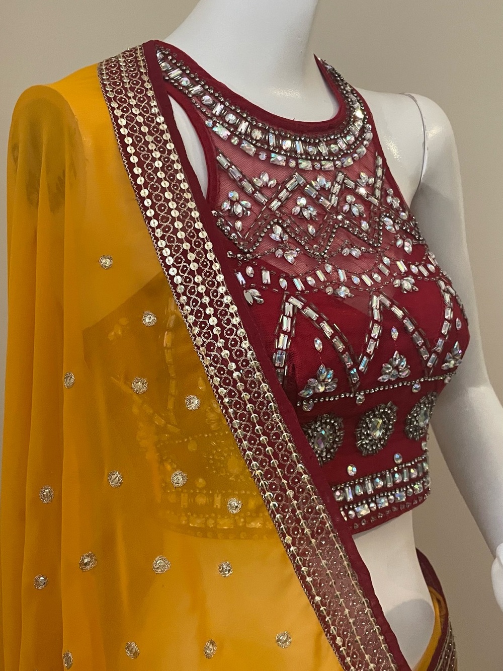 Mustard Yellow Saree with Maroon Embellished Blouse